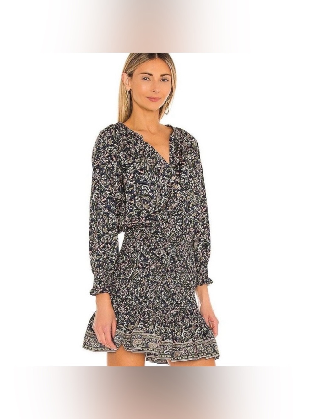 Veronica Beard Karlina Paisley Smocked Cotton Midi Dress Size 0 Navy Multi